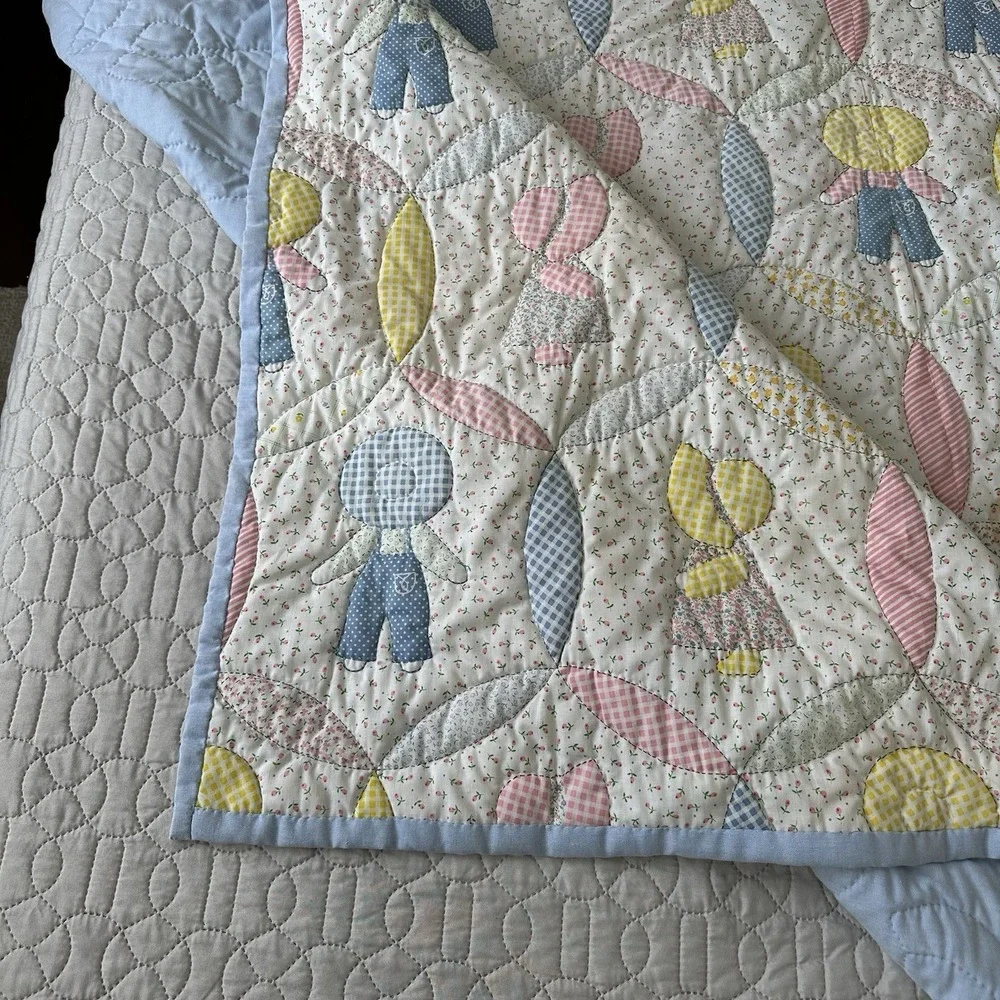Vintage Sunbonnet Sue Sam Quilt Handmade Hand stitched Cotton Blue Pink Yellow
